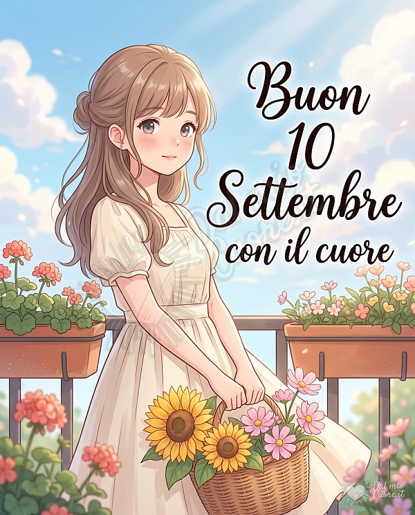 Illustrazione di una ragazza con un cestino di girasoli e cosmee sotto un cielo azzurro con soffici nuvole bianche illuminate dal sole, con la scritta Buon 10 Settembre con il cuore in corsivo elegante.