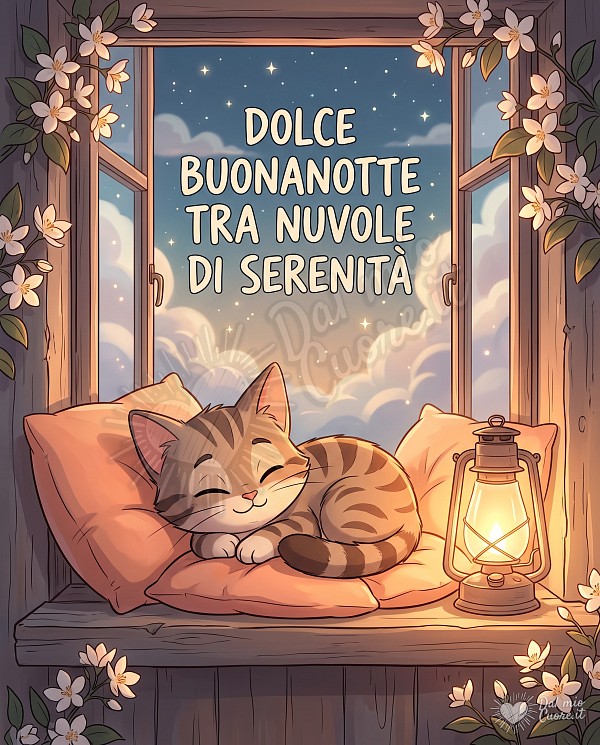 Un gattino accovacciato tra morbidi cuscini su un davanzale illuminato da una lanterna calda, con la finestra aperta su un cielo serale estivo con soffici nuvole e stelle luminose, e la scritta DOLCE BUONANOTTE TRA NUVOLE DI SERENITÀ.