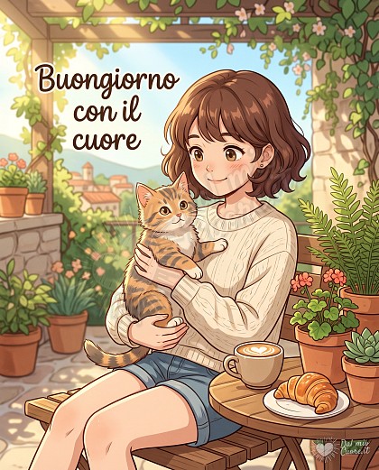 Illustrazione luminosa con una ragazza sorridente che coccola un gattino tigrato accanto a una tavola estiva con cornetto e tazza di caffè, con la scritta Buongiorno con il cuore.