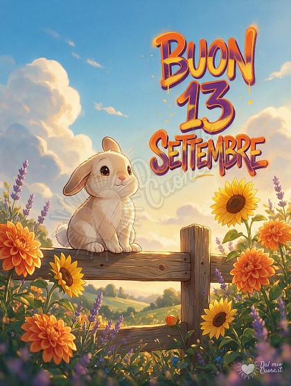 Illustrazione colorata di un grazioso coniglietto su una staccionata fiorita con dalie e girasoli sotto nuvole soffici illuminate dal sole e la scritta BUON 13 SETTEMBRE.