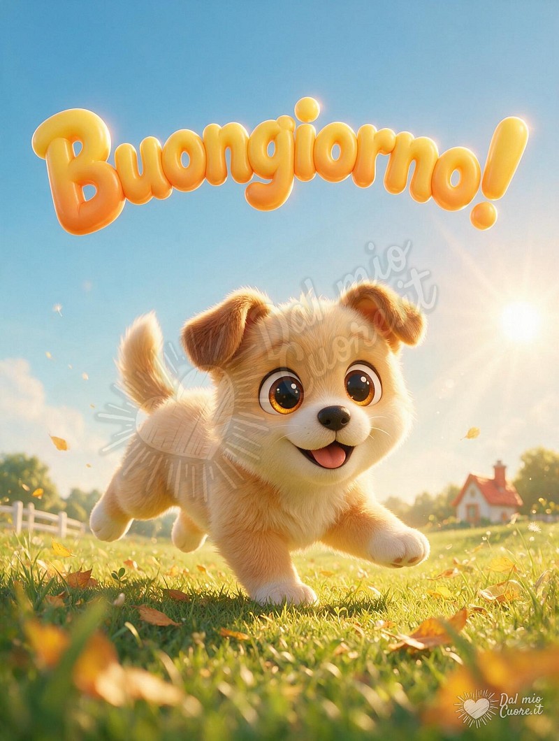 Buongiorno tenero con un cucciolo felice al sole