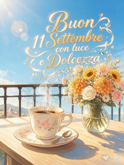Tavolino all'aperto inondato dalla luce dorata del mattino di settembre con una tazza di ceramica fumante, un vaso di dalie ambrate e girasoli luminosi, con la scritta Buon 11 Settembre con luce e dolcezza.