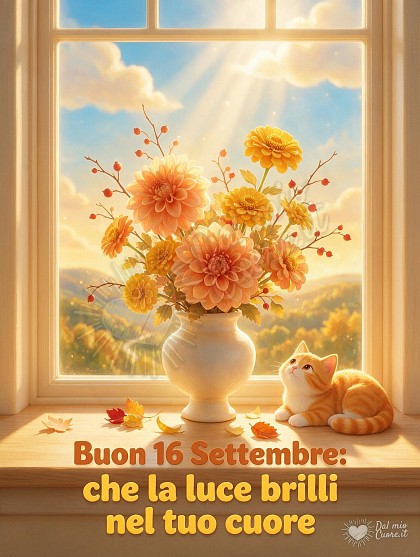 Vaso di ceramica bianca con dalie dorate, zinnie pescate e rami settembrini illuminati da raggi di sole tra le nuvole, con scritta Buon 16 Settembre: che la luce brilli nel tuo cuore.