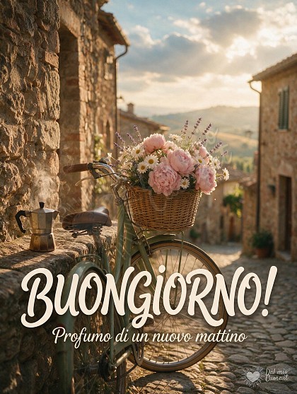 Bicicletta vintage con cestino di fiori in un vicolo in pietra