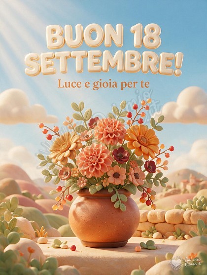 Composizione floreale settembrina con dalie e boccioli in argilla 3D soffice illuminati da raggi di sole mattutino tra nuvole candide e scritta Buon 18 Settembre.