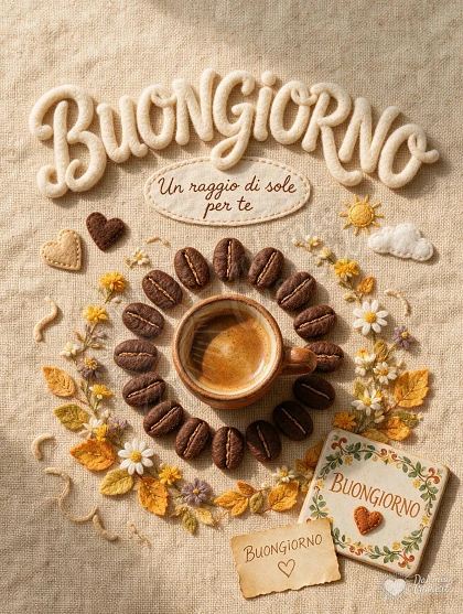 Buongiorno con raggiera di caffè e luce di settembre