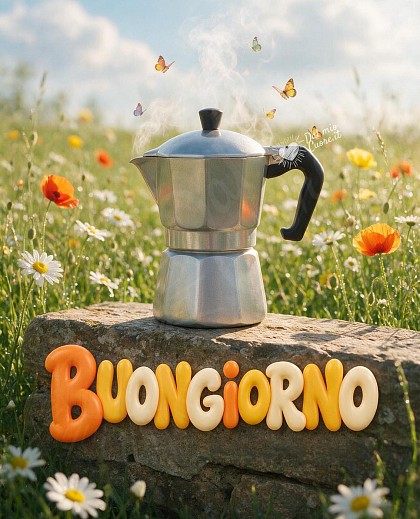 Moka da caffè sul prato tra fiori di campo e farfalle