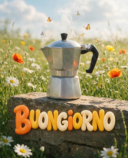Buongiorno con moka nel prato fiorito e farfalle
