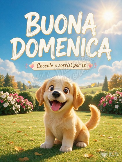 Illustrazione 3D di un allegro cucciolo su un prato settembrino illuminato dal sole del mattino tra morbide nuvole, con la scritta Buona Domenica Coccole e sorrisi per te.
