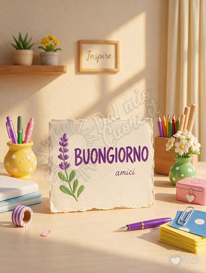 Biglietto con dedica del buongiorno e rametto di lavanda fresca