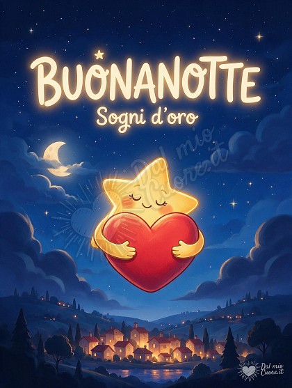 Una stella dorata sorridente con guance rosate abbraccia un grande cuore rosso soffice nel cielo notturno stellato sopra i tetti di un borgo illuminato, con la scritta Buonanotte! Sogni d'oro.