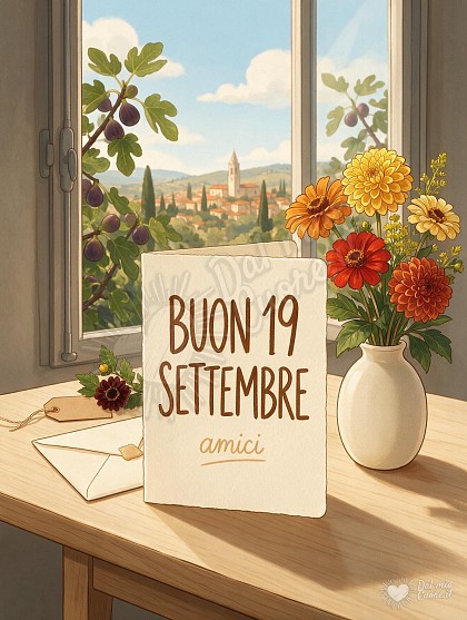 Biglietto posato su un tavolo in legno chiaro con la scritta Buon 19 Settembre amici, illuminato dalla luce naturale accanto a un piccolo vaso di fiori freschi.