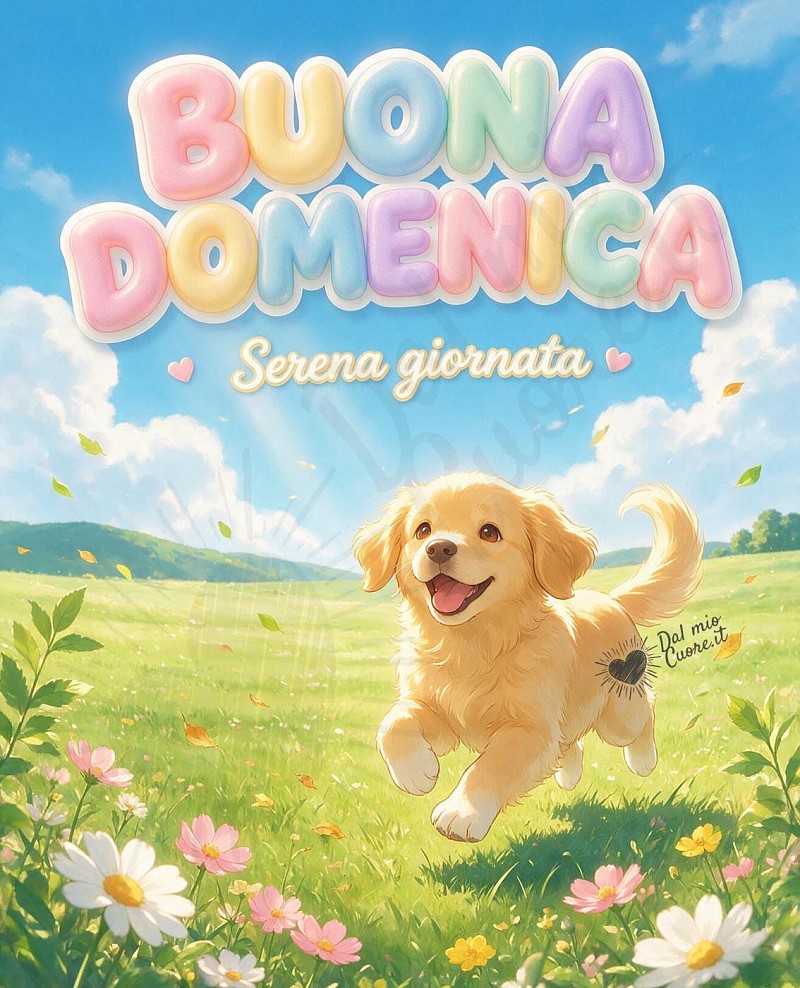 Buona domenica con un cucciolo felice sul prato