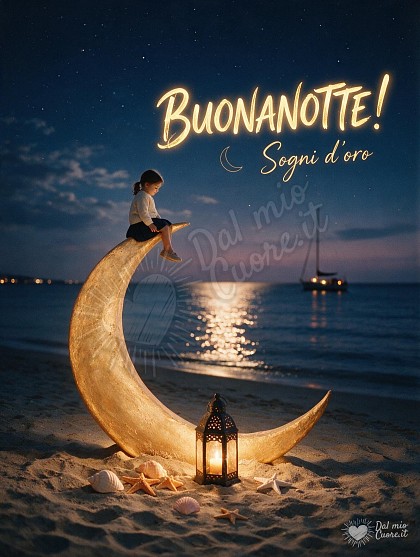 Una bambina seduta su una grande falce di luna adagiata sulla sabbia di una spiaggia notturna, accanto a una lanterna accesa, conchiglie, una barca a vela illuminata all'orizzonte e la scritta BUONANOTTE! Sogni d'oro.