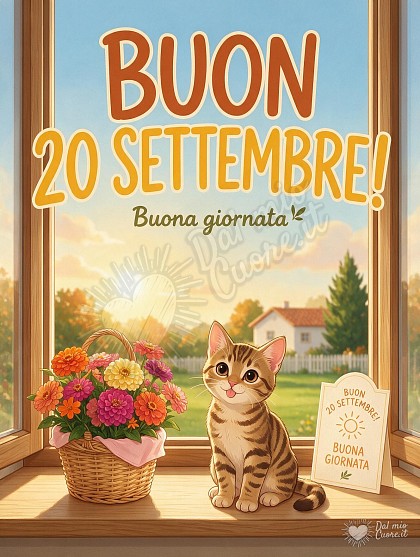 Un gattino tigrato in stile cartone animato 2D seduto accanto a un cestino di fiori autunnali e a un biglietto di auguri con la scritta Buon 20 Settembre sotto una luminosa luce diurna.