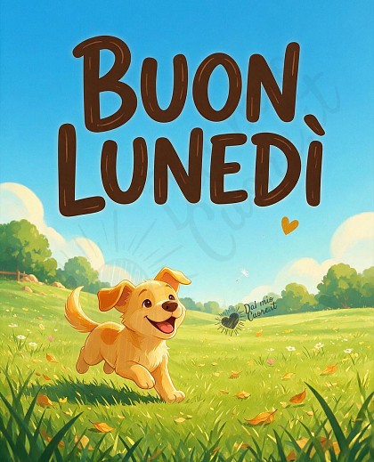 Vivace cucciolo che trotterella felice su un prato verde e luminoso accarezzato dal sole mattutino, con la scritta Buon Lunedì.