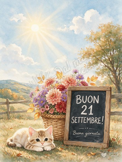 Un grazioso gattino tigrato seduto accanto a un cesto di fiori settembrini e una lavagnetta con la scritta a gesso BUON 21 SETTEMBRE! Buona giornata.