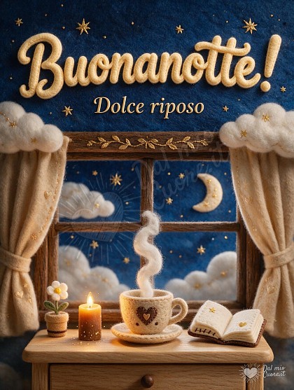Tazza di tisana fumante su un comodino rustico accanto a un libro aperto e una candela accesa, con la finestra che affaccia su una notte stellata di settembre e la scritta BUONANOTTE! Dolce riposo.