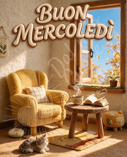 Diorama artigianale in miniatura con una comoda poltrona in tessuto, tavolino in legno con tazza di caffè fumante, un libro aperto e finestra soleggiata con vista di settembre, con testo BUON MERCOLEDÌ