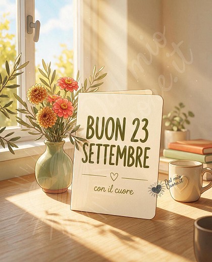 Un elegante biglietto da visita su un tavolo di legno chiaro baciato dal sole di settembre, accanto a un vasetto di dalie e zinnie