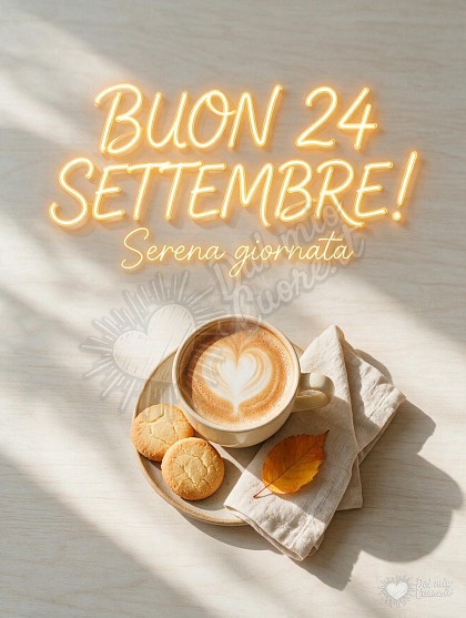 Composizione dall'alto con una tazza di cappuccino schiumoso decorata a cuore, biscotti artigianali su piattino in ceramica e luce del sole su tavolo in legno chiaro.