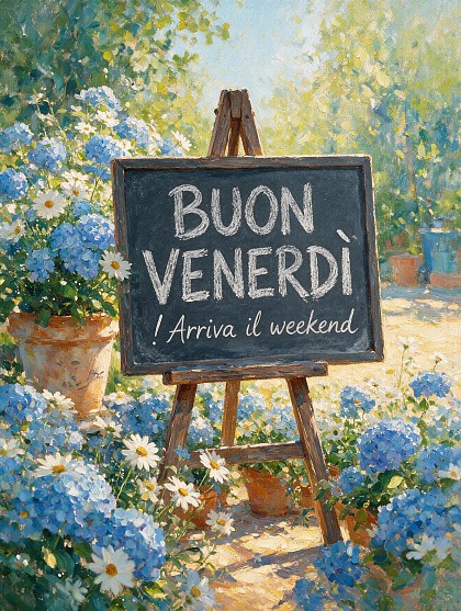 Dipinto a olio di un vivace giardino fiorito con ortensie, margherite al sole e lavagna con scritto Buon Venerdì.