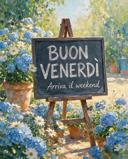 Un vivace giardino fiorito con ortensie, margherite al sole e lavagna con scritto Buon Venerdì.