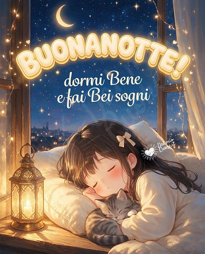 Buonanotte con bambina e gattino sul davanzale