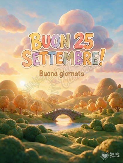 Paesaggio stilizzato all'alba con colline morbide, alberi autunnali e nuvole illuminate dal sole con la scritta di saluto.