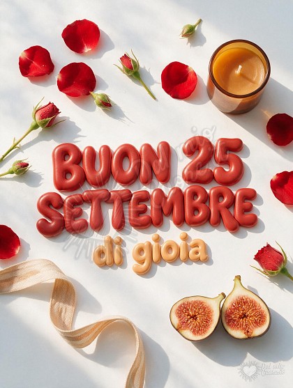 Composizione dall'alto su fondo bianco con petali di rose rosse, boccioli freschi, candela ambrata e nastro in tessuto per il 25 settembre.