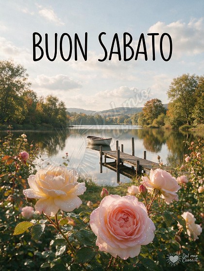 Paesaggio lacustre mattutino con un pontile in legno, rose selvatiche in primo piano e barca ormeggiata sull'acqua tranquilla.