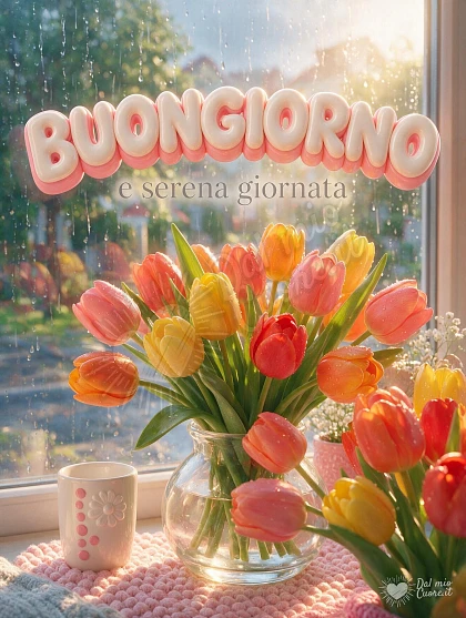 Buongiorno con tulipani colorati e sole del mattino