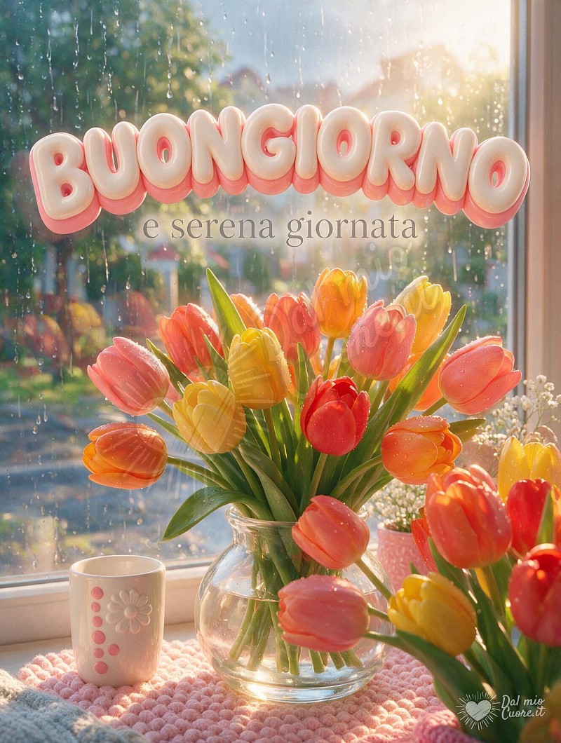 Buongiorno con tulipani colorati e sole del mattino