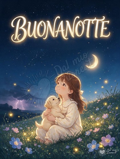 Una bambina in pigiama abbraccia un cagnolino su una collina di fiori di campo illuminata da lucciole, sotto un cielo notturno pieno di stelle, con la scritta BUONANOTTE tra le stelle.