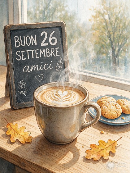 Illustrazione ad acquerello con una tazza di ceramica fumante, biscotti su un piattino e una lavagnetta con scritta augurale davanti a una finestra con pioggia.