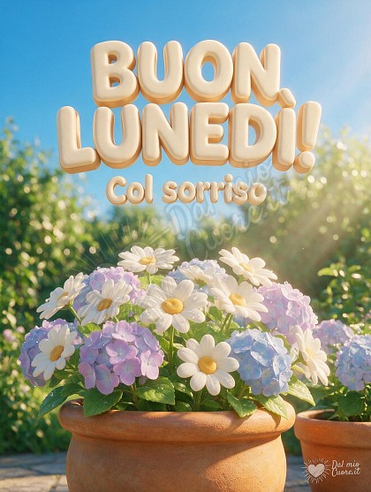 Vasi in terracotta con margherite e ortensie colorate in un giardino illuminato dal sole del mattino in stile animazione 3D