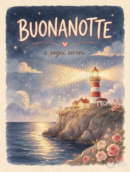Buonanotte con faro sulla scogliera e mare calmo