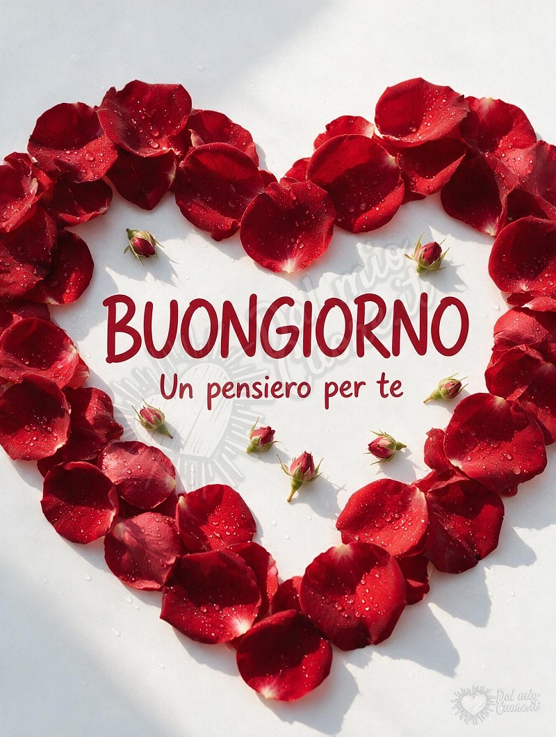 Buongiorno con un cuore di petali di rosa