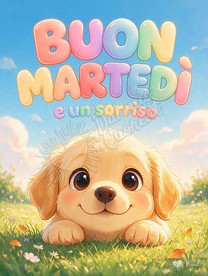 Disegno in stile cartoon di un tenero cucciolo dal pelo morbido e grandi occhi espressivi su un prato verde con margherite sotto un cielo mattutino luminoso.