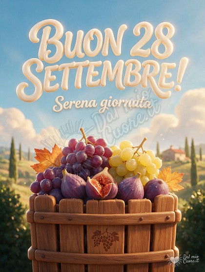 Scena tridimensionale con grappoli d'uva matura, fichi dolci e foglie ambrate illuminati da un raggio di sole tra le nuvole.