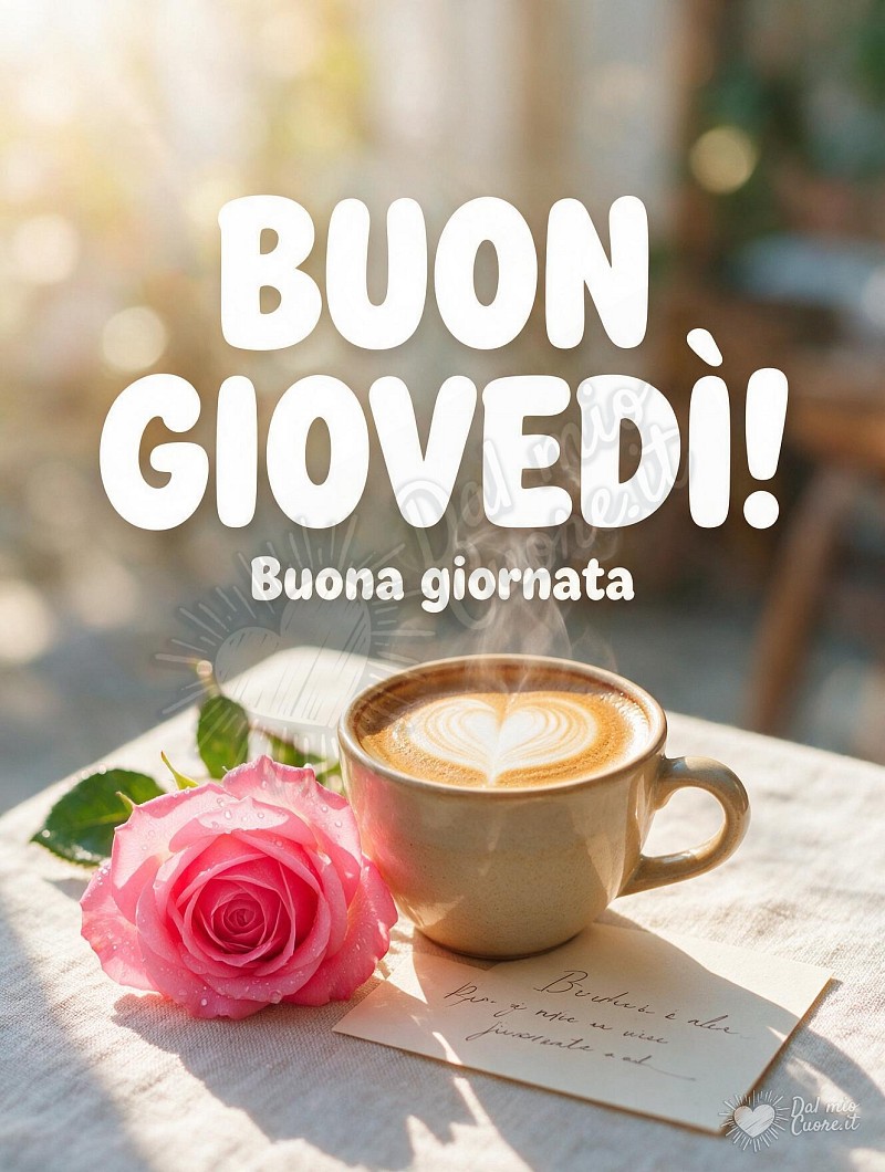 Buon giovedì con una rosa fresca e caffè