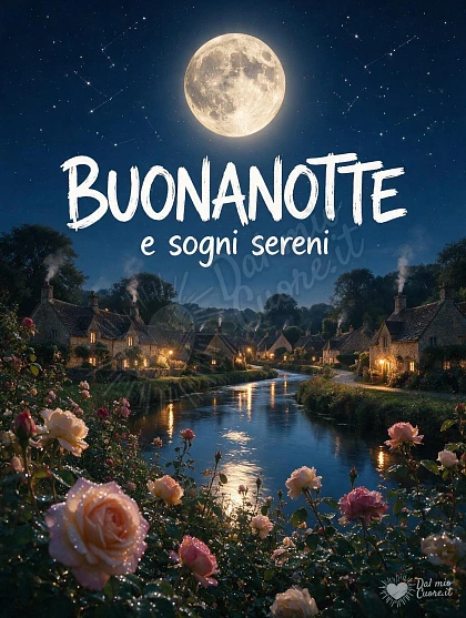 Buonanotte con luna piena e borgo sul fiume
