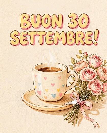 Illustrazione delicata in stile sketch su carta chiara con tazza di caffè decorata a cuoricini, piattino in legno e bouquet di rose.