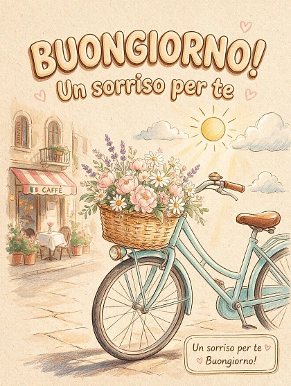 Buongiorno con una bicicletta fiorita e peonie