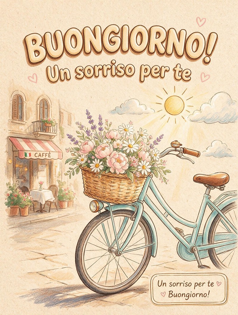 Buongiorno con una bicicletta fiorita e peonie