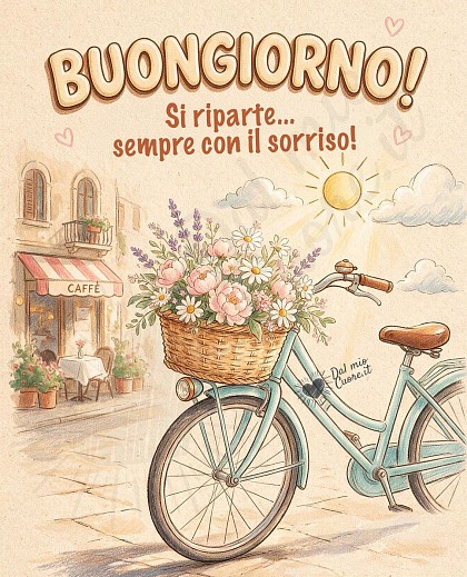 Illustrazione delicata a mano con bicicletta vintage e cestino in vimini pieno di peonie rosa e margherite.