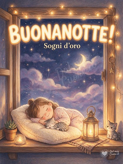 Una bambina e un gattino tigrato addormentati su un cuscino accanto a una finestra aperta sul cielo stellato con lanterna accesa.