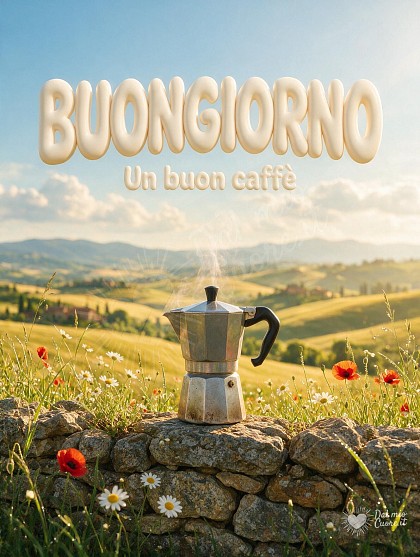 Moka in alluminio fumante su muretto in pietra tra margherite e papaveri con rugiada del mattino
