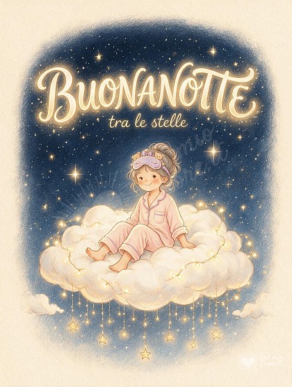 Bambina in pigiama seduta su una soffice nuvola candida.