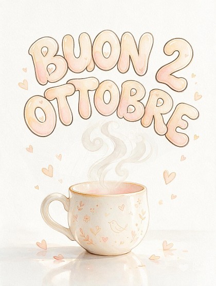 Illustrazione delicata ad acquerello su fondo avorio con una tazza in ceramica fumante decorata a mano e cuoricini pastello.